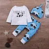 Zima Dzieci Zestawy Z Długim Rękawem O Neck Letter T-shirt Drukuj Panda Blue Hat Cute 2 sztuk Dziewczyny Chłopcy Ubrania 0 M-3T 210629