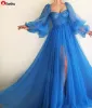 YENİ! Mavi Seksi Bir Çizgi Balo Elbise Sevgiliye Uzun Kollu Tül Yüksek Yan Bölünmüş Uzun Resmi Seksi Özel Durum Elbiseler Pileli Örgün Akşam Parti Abiye Özel