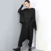 [EAM] Spring Autumn High Elastic Waist Black Button Split Joint Wide Leg Long Loose Pants Women Trousers Fashion YG2 211115