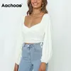 Cordon de cordon de latéral Chic T Women Lanterne Sleeve Style Cropped Tops V ecque Col Sexy Shirt Shirt Chemise Femelle 210413