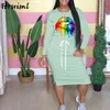 Casual Women Dress Autumn Big Lip Print Drawstring Long Sleeve O Neck Solid Maxi Fashion Pocket Plus Size Ropa Mujer 210513