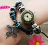 NEWEST Weave Rope Butterfly Pendant charm women watch Black Genuine Leather trundle hoop Bracelet Watches vintage Indian Retro wristwatch
