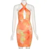 Tie Dye Golden Print Sexy Backless Bodycon Dress Women Bandage Halter Dresses Summer Femmle Skinny Party Short Sundress 210517