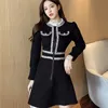 Höst Vinter Vintage Koreanska Zipper Kvinnor Elegant Lace Patchwork Tweed Dress Party Långärmad Runway Vestidos 210518