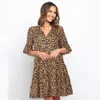 Mulheres V-Pescoço Lace-up Leopardo Impressão Flor De Costura Solta Vestido Moda Lotus Manga Casual A-Line Pullover 210517