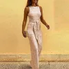 Mulheres Elegante Sem Mangas Lantejoulas Glitter Brilhante Calças Grande Perna Calças Sexy Slim Fit Backless Jumpsuit Romper Macacão 210619