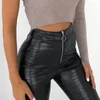 Ezgaga High Waist Pencil Pants Women Casual Crocodile Striped PU Leather Trouser Slim Fashion Zipper Moto&Biker Pants Streetwear 210430