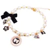 Hundhalsar Leases Chain Teddy Pearl Necklace Lace Bow Cat Bell Collar Accessories Personaliserade husdjur Pink170e