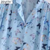 Women Elegant Notched Collar Butterfly Print Business Shirts Office Lady Pleat Puff Sleeve Blouse Roupas Chic Tops LS9045 210416