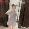 Tangada Kvinnor Plaid Tweed Dress Puff Short Sleeve Ladies Mini Dress Vestidos 3H204 210609