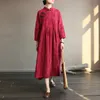 Lässige Kleider Nefeilike 2021 Herbst Winter Frauen Kleid Vintage Baumwollwäsche Roben stehen Langarmknopf Jacquard locker