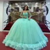 2021 Luxury Mint Green Quinceanera Ball Gown Dresses Jewel Neck Lace Appliques Crystal Beads Long Sleeves Sweep Train Tiered Plus Size Party Prom Evening Gowns