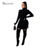 Turtleneck Bodycon Zima Dzianiny Kobiety Sweter Sukienka Flare Rękaw Złoto Przycisk Dekoracja Czarna Sukienka Kobieta Sexy Split Vestidos 210709