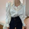 Korean Chic Women Blouse Loose Satin Button Bubble Sleeve Lapel Shirt Elegant Tops Pink Blusas Mujer 12635 210521