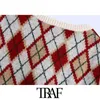 Traf kobiety moda luźna przycięta kamizelka argyle sweter vintage v szyi bez rękawów żeńskie kamizelki