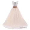 2021 Jolie Princesse Appliques Paillettes Robes De Fille De Fleur Arc Tulle Filles Pageant Robe Communion Pour La Fête Formelle De Mariage F08