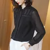 Projektowanie czarnych szyfonów plus size kobiety Summer Eleganckie topy z długim rękawem Przybór Koreańskiej Kobiety Bluzki Koszule P849