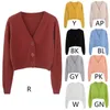 Kobiety Jesień Sweter Z Długim Rękawem Sweter Cardigan Sexy V-Neck Button Down Kurtka Cropped Słodka Solid Cukierki Kolor Luźny Dzianiny Outwear C 210914