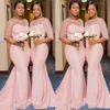 Blush Pink African Nigeriaanse zeemeermin Bruidsmeisjesjurken met mouw 2021 Sheer Kant Hals Plus Size Maid of Honor Trouwjurk