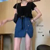 Jupes été femmes taille haute fendu Sexy Mini Denim 2021 décontracté femme simple boutonnage bleu marine jean a-ligne jupe