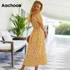 Sexy Slash Neck Blumendruck Strand Sommer Side Split Party Kleid Schmetterling Kurzarm Dame Midi Kleider Vestidos 210413