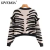 Moda donna Zebra Print Ruffled Cropped Cardigan lavorato a maglia Maglione Vintage manica lunga Capispalla femminile Chic Top 210416