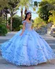Allık Gökyüzü Mavi Quinceanera Elbiseler 2021 Kapalı Omuz Sequins Boncuk Çiçekler Prenses Parti Tatlı 16 Balo Vestidos De 15 Años