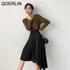 QOERLIN S2XL不規則なハイウエストスカート女性バックジッパーフライハイストリートエレガントな韓国デザインブラックアラインプリーツスカートガール210412