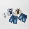 Zomer jongen schat pak strikje polka dot tweedelige shirt denim shorts peuter kleding 210702