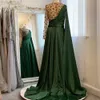 Saudi Árabe Verde Uma linha formal vestidos de noite manga longa 2021 cristais de luxo frisado um ombro mulher cetim vestido de festa de festa de vestido