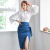 Autumn OL Work wear Women's 2piece Suit Korean White Hollow out Lantern Sleeve Shirt Blouse and Split Sheath pencil Skirt 210529