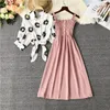 Casual Dresses Women Spring Dress Lady 2 Pieces Set Vintage Floral Printed Chiffon Shirt High Waist Thin Summer Vestido