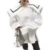 Dorywczo Solidne Białe Kobiety Koszula Duży Lapel Paski Print Puff Sleeve Luźne Szczupła Kobieta Top Odzież Moda Za3257 210427