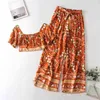 Vintage chic Women two piece outfits square collar tops Bohemian elestic waist long pants 2 pieces rayon cotton Boho sets 211105