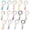 12 färger Silikonpärlor Tassel Bead String Bracelet Keychain Matkvalitet Leopard Träpärlor Armband för Kvinnor Tjej Key Ring Wrist Rem