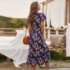 Boho Floral Print Long Dresses Women Split Short Sleeve Summer Casual Streetwear Yellow Maxi Female Vestidos 210517