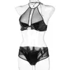 Womens Sexy Lingerie Sets Soft PU Leather Transparent Mesh Fabric Corset Tight Bra Erotic Latex Bodycon Shorts Short Dress Sexi Y0911