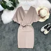 Gaganight Solid Women Elegant Dress Batwing manica corta con scollo a V Sash Mini abiti da festa in maglia aderente elastico Chic Dress 210519