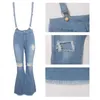 Dames Jumpsuits Rompertjes Tsuretobe Casual Flare Ripped Denim Jumpsuit Dames Mode Wijde Pijpen Broek Romper Spaghetti O271k