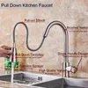 Onyzpily Brushed Nickel Mixer Faucet Single Hole Pull Out Spout Kitchen Sink Mixer Tap Stream Sprayer Head Chrome/Black Kitchen 211108