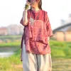 자끼 여성 빈티지 민소매 티셔츠 인쇄 꽃 O- 목 라미 셔츠 여름 벨트 중국 스타일 패치 워크 T- 셔츠 210521
