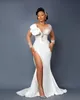 2021 Plus La Taille Arabe Aso Ebi Sirène Dentelle Cristaux Robes De Mariée Sheer Cou Haute Split Train Détachable Robes De Mariée ZJ5752946