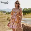 Głębokie V-Neck Butterfly Sleeve Bow Tie Drukowane Suknie Kobiety Wakacje Dorywczo Wysoką Talię Krótka Lato Line Sukienka 210510