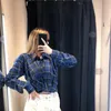 Top corto scozzese blu da donna Camicia a maniche lunghe con colletto arricciato e bottoni Donna Moda Streetwear Top casual 210519