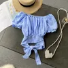 Singreiny French Women Plaid Blouse Summer Puff Sleeve Slash Neck Bow Drawstring Slim Blouses Fashion Streetwear Vintage Toppar 210419