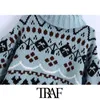 TRAF Women Fashion Oversized Jacquard Stickad Sweater Vintage High Neck Långärmad Kvinna Pullovers Chic Toppar 210415
