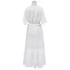Évider robe blanche Sexy femmes longue dentelle croix Semi-transparent plongeant col en v manches courtes Maxi Y0823