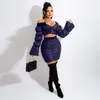 Vrouwen tweedelige jurk plaid dikker matching sets lady off the shoulder lange mouwen crop top en ritssluiting bodycon slank rok pak voor herfst winter slijtage