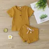 Fashion Summer Newborn Baby Girls Boys Clothes Ribbed Cotton Casual Short Sleeve Tops T-shirt+Shorts Toddler Infant Outfit Set 391 U2