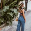 Sexy Backless Lace Up Jumpsuits Overalls Ruffle Sleeveless Blue Denim Long Pants Zipper Wide Leg Vintage 210427